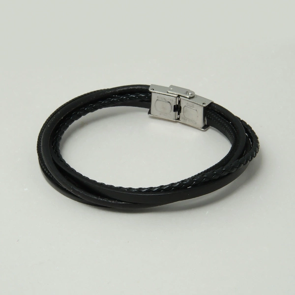 Bransoletka męska ze skóry ze stalowym zapięciem. TAJEMNICZY OBSYDIAN
