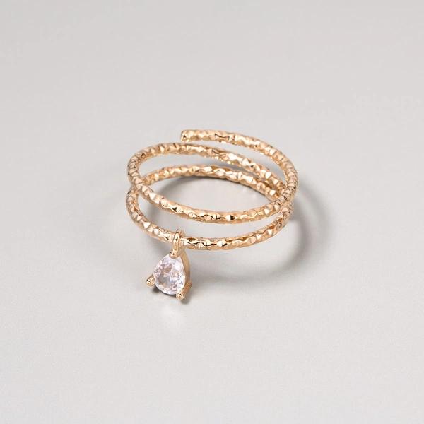 Pozłacany spiralny pierścionek z zawieszką z kryształem. DOUBLE DROP