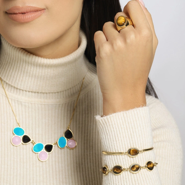 Złocony naszyjnik z kwarcami, agatami i obsydianami. W ZGODZIE ZE SOBĄ